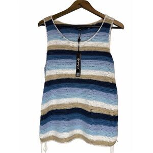 NWT Charlie B Sleeveless Crochet Top w/Side Ties size Small Blue Tan Boho Stripe